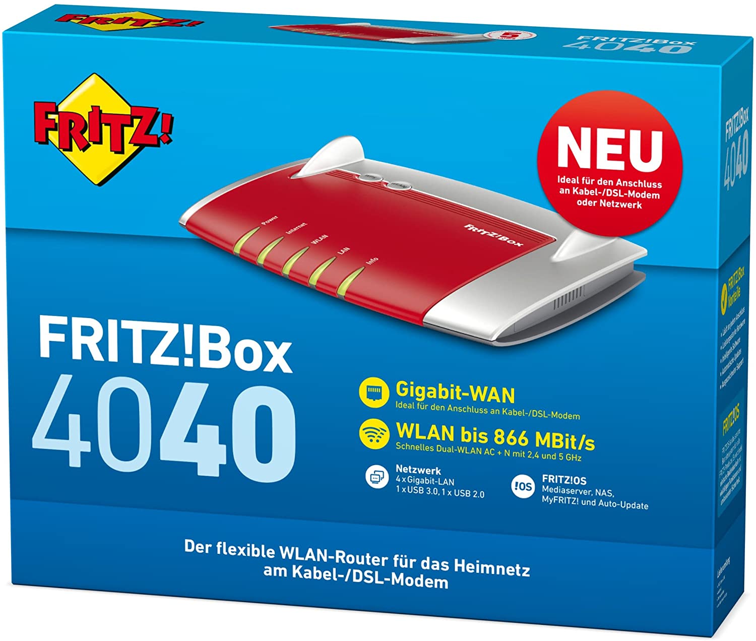 AVM FRITZ!Box 4040 WLAN Router (für den Betrieb an einem Modem am Kabel-/DSL-/Glasfaser-Anschluss, Dual-WLAN AC+N, 866 Mbit/s (5 GHz), 400 Mbit/s (2,4 GHz), Mediaserver, geeignet für Deutschland)