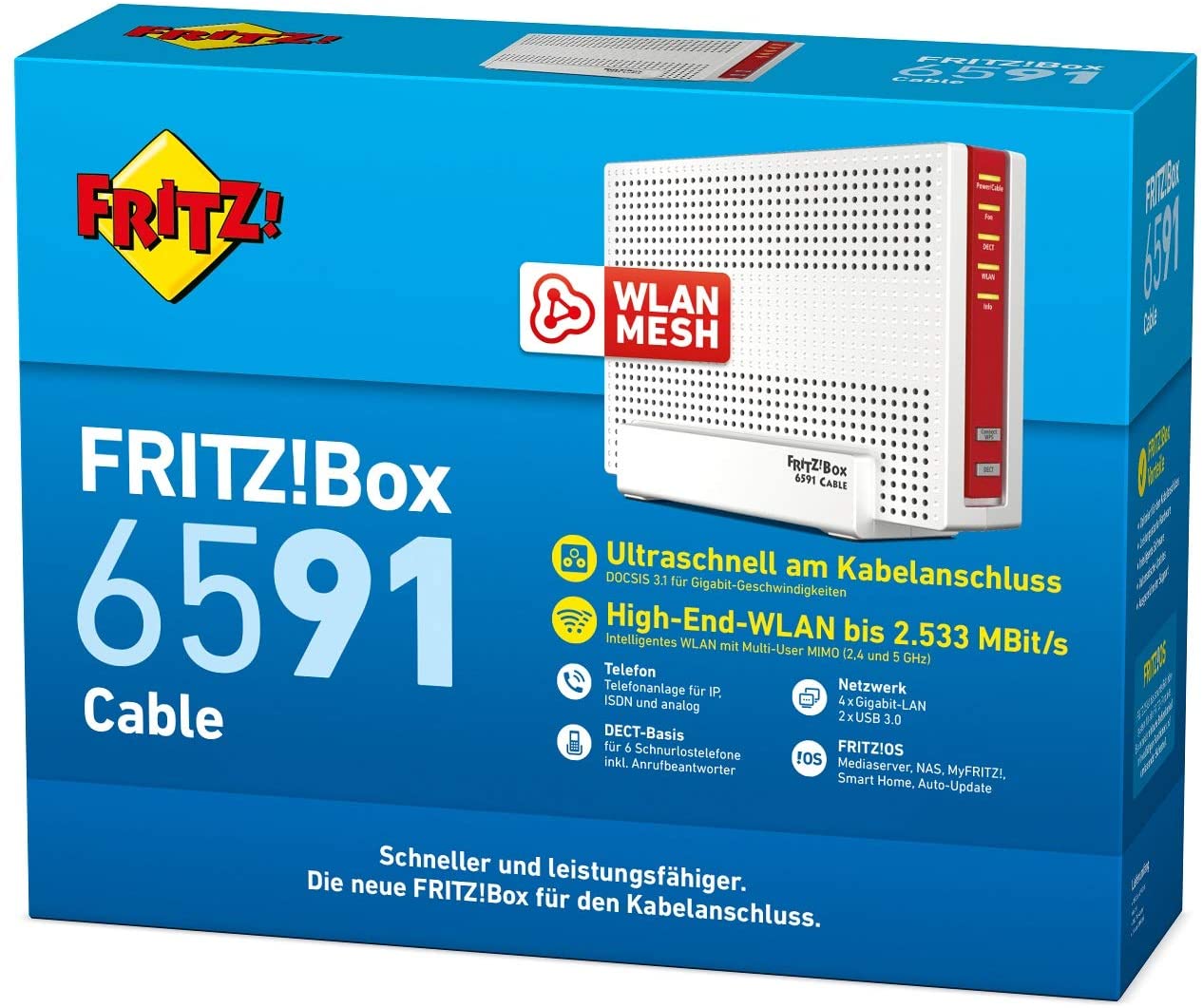 AVM Fritz!Box 6591 Cable WLAN AC + N Router (DOCSIS-3.1-Kabelmodem, Dual-WLAN Ac+N (MU-MIMO) mit 1733 (5 GHz) + 800 Mbit/S (2, 4 GHz), VoIP-Telefonanlage)