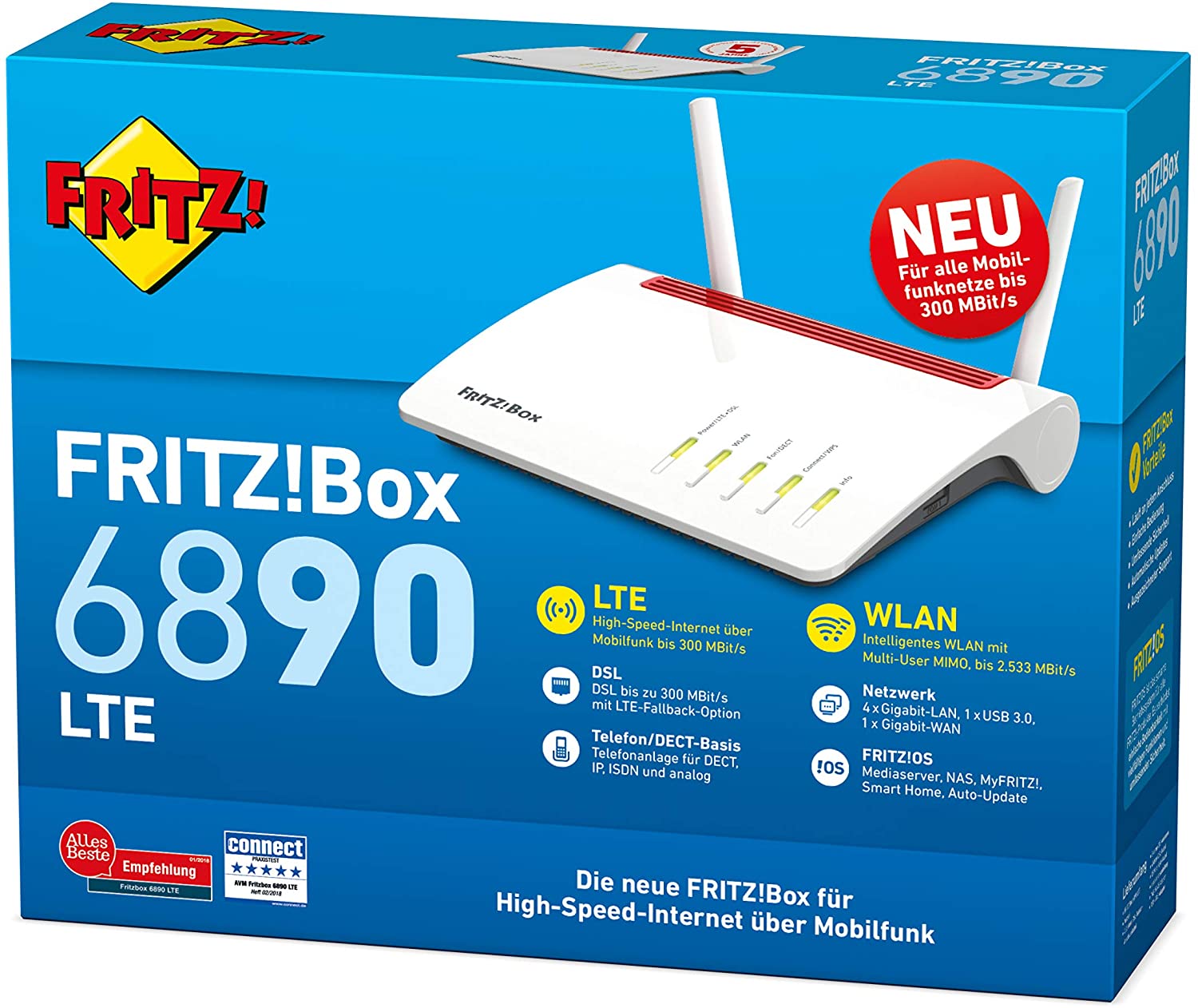 AVM FRITZ!Box 6890 (LTE- oder DSL-Modem, bis 300 MBit/s, WLAN AC+N bis 1.733 (5 GHz) und 800 (2,4 GHz) MBit/s, 4 x Gigabit-LAN), geeignet für Deutschland