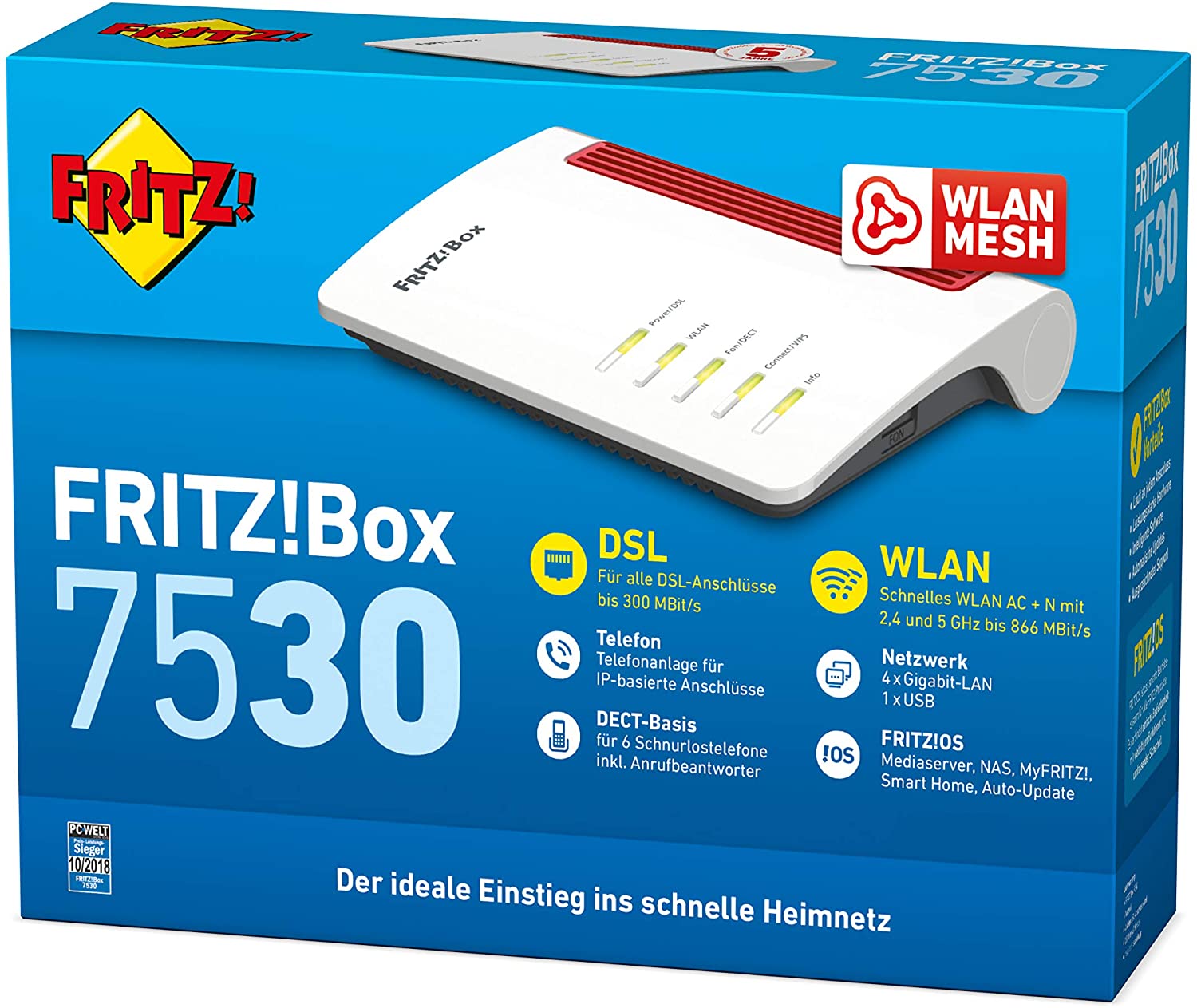 AVM FRITZ! Box 7530 WLAN AC+N Router (DSL/VDSL, 866 MBit/s (5GHz) & 400 MBit/s (2,4 GHz), bis zu 300 MBit/s mit VDSL-Supervectoring 35b, WLAN Mesh, DECT-Basis, Media Server, geeignet für Deutschland)