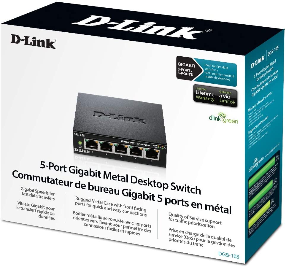 D-Link DGS-105 5-Port Layer2 Gigabit Switch (bis zu 2000 Mbit/s Datenübertragung pro Port, einfache Plug & Play-Installation, energiesparende Funktionen, lüfterlos, Metallgehäuse) schwarz