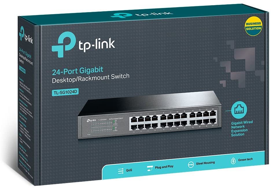 TP-Link TL-SG1024D 24-Port Gigabit-/ Netzwerk Switch (Rackmount, 48Gbit/s Switching-Kapazität, geschirmte RJ-45 Ports, Metallgehäuse, IGMP-Snooping, unmanaged, Plug-und-Play) schwarz