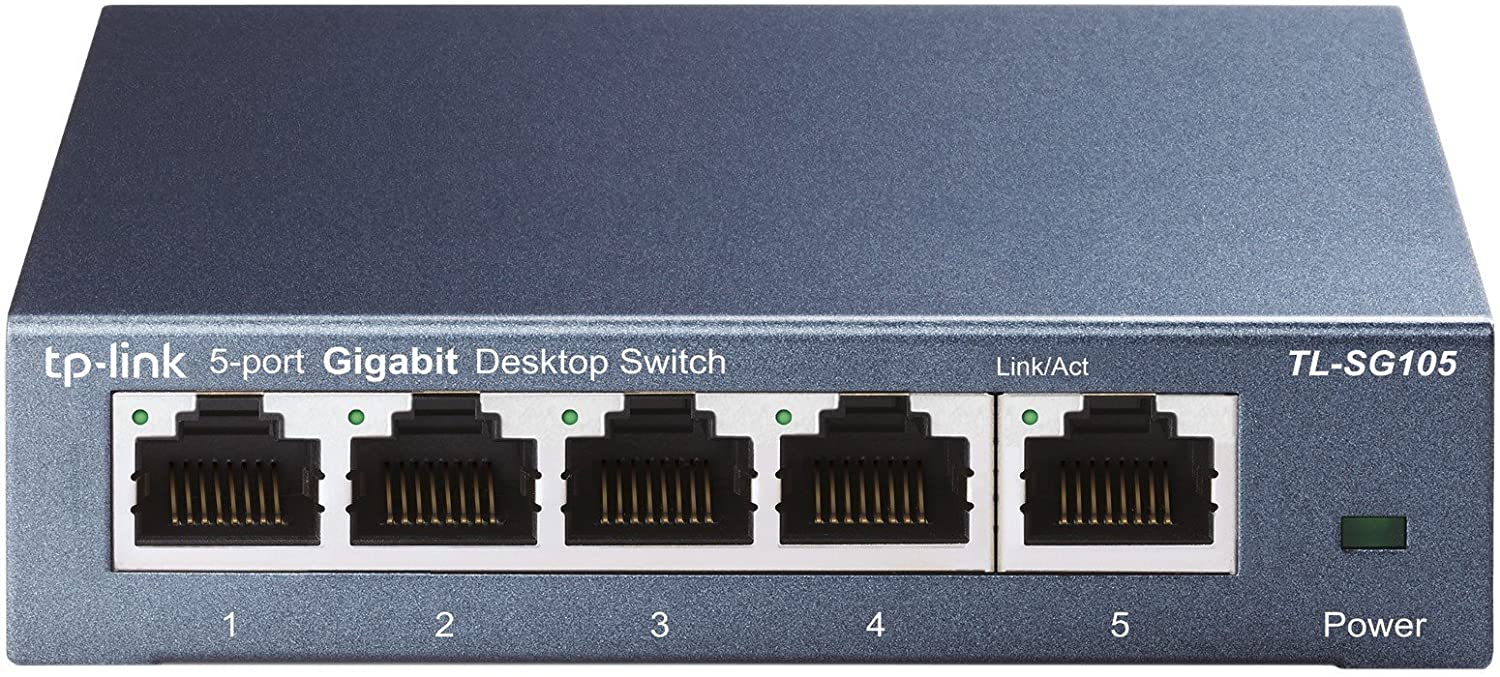 TP-Link TL-SG105 5-Ports Gigabit Netzwerk Switch (bis 2000 MBit/s im Vollduplexmodus, geschirmte RJ-45 Ports, Metallgehäuse, optimiert Datenverkehr, IGMP-Snooping, unmanaged, lüfterlos) blau metallic