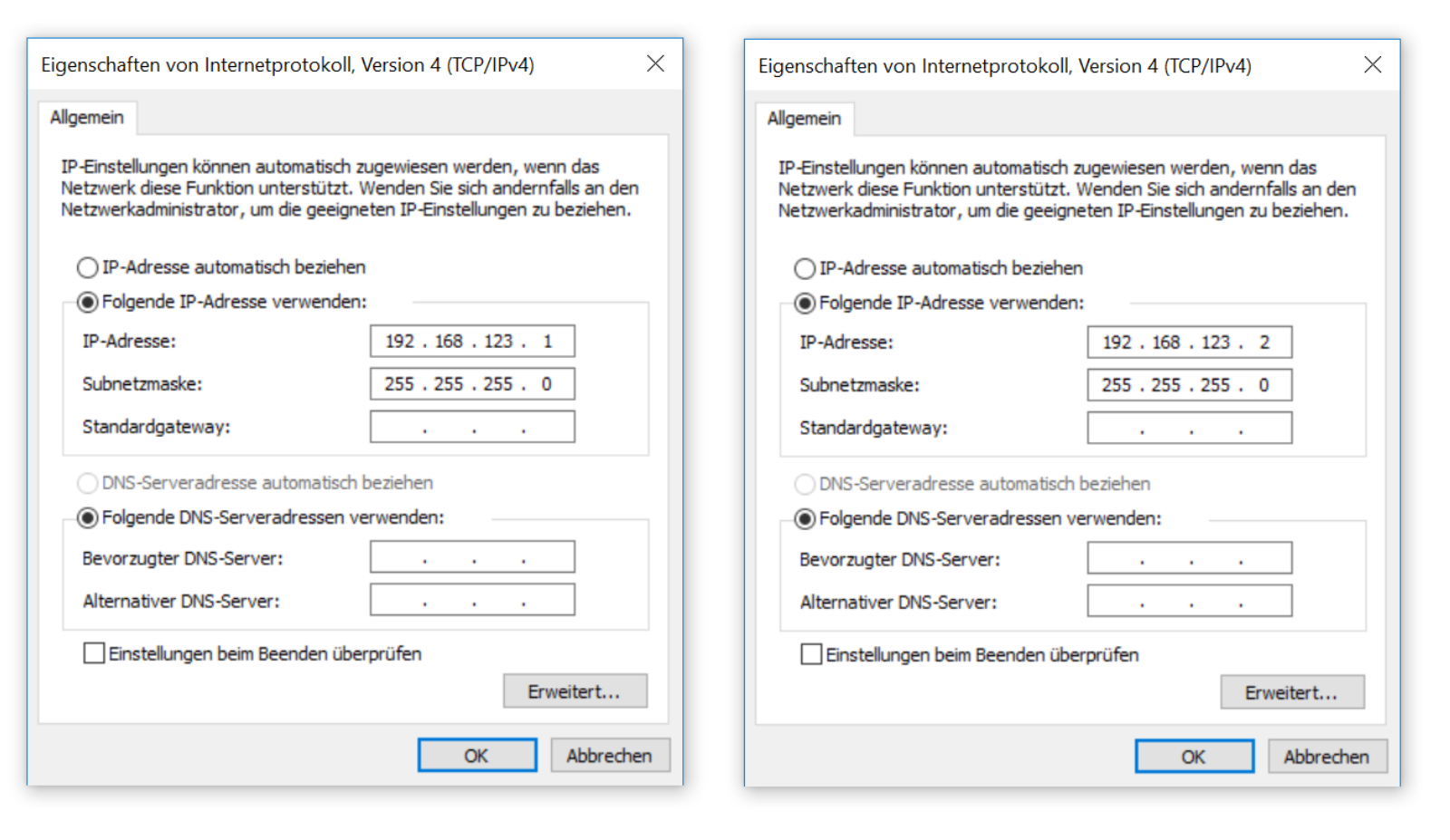 Unterschiedliche IP-Adresse und gleiche Subnetzmaske auf beiden Computern konfigurieren